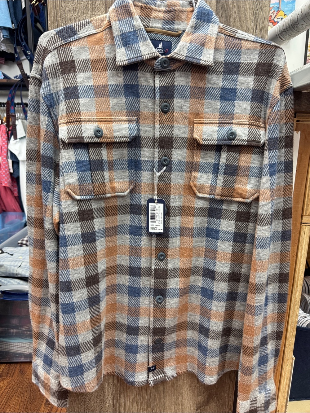 johnnie-O Plaid Shirt Jacket in Blue, Brown & Cream